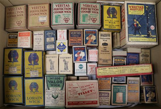 A collection vintage wicks and mantles from old Tilley lamps, oil lamps, gas lights, etc.